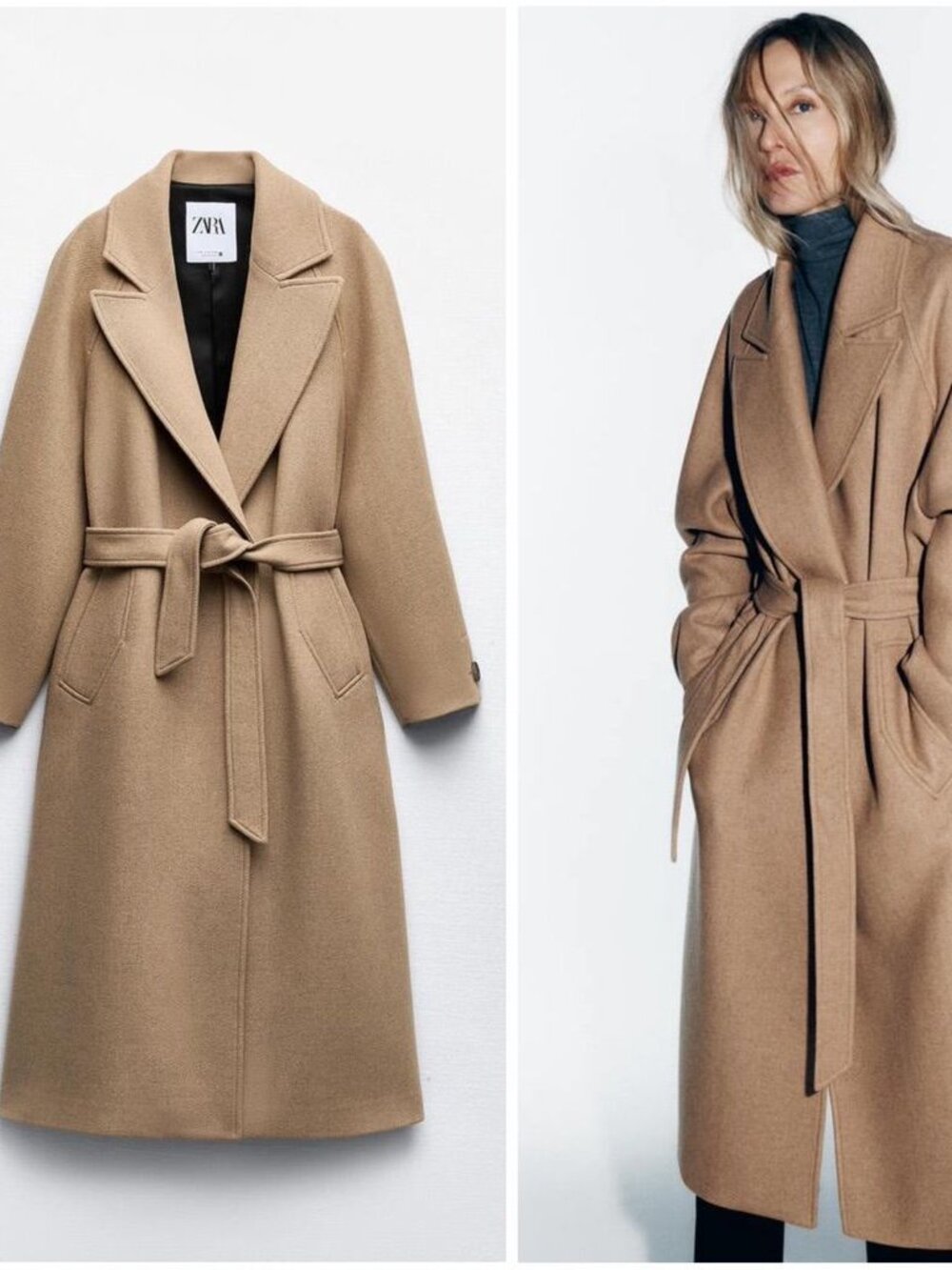 Zara Long belted wool blend coat